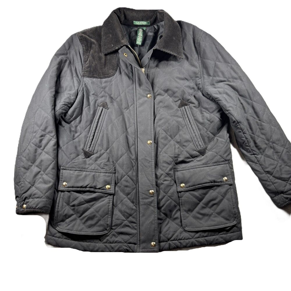 Lauren Ralph Lauren Women Barn Jacket Chore Coat Quilted Corduroy Collar Blk XL